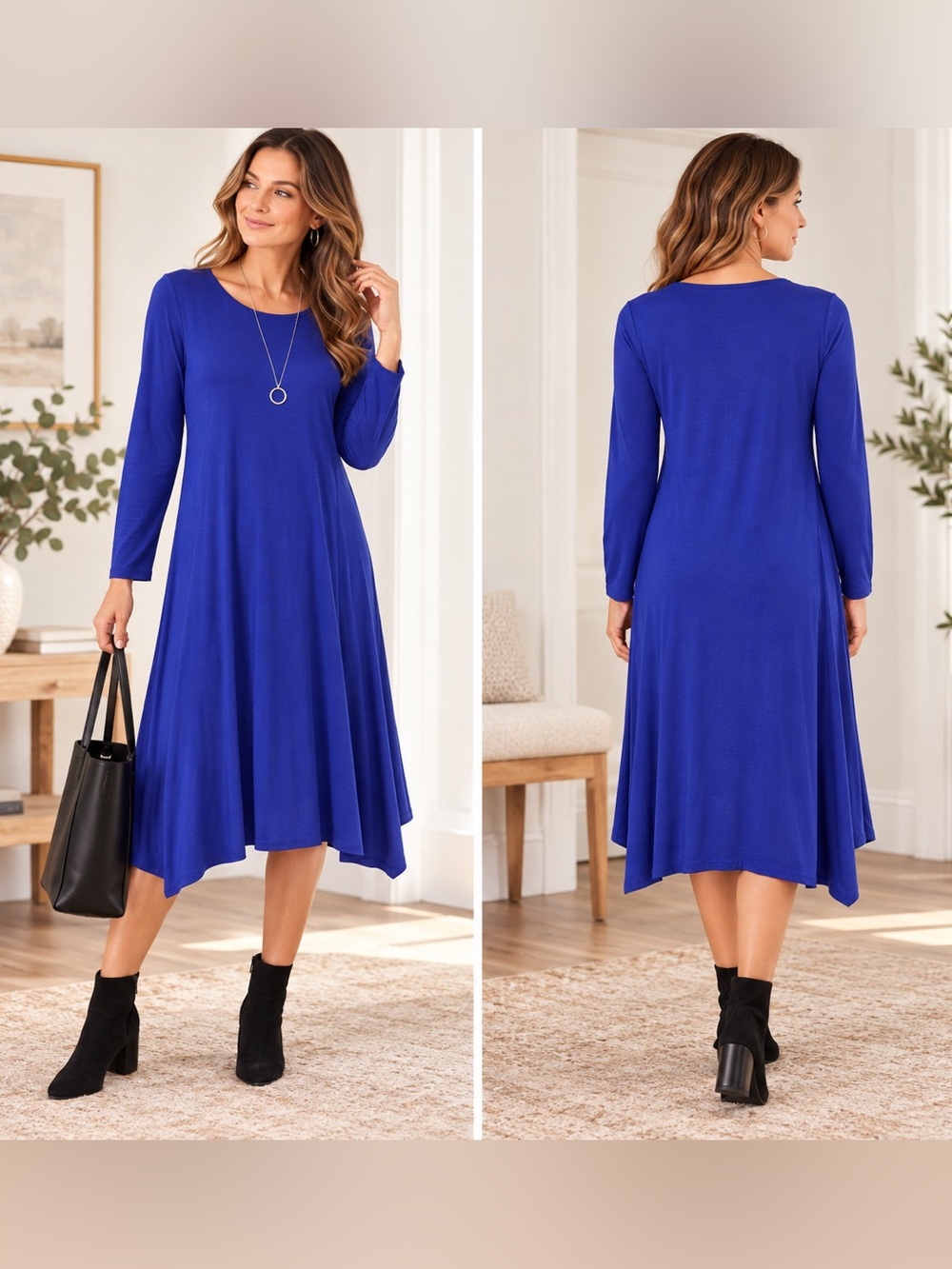 Eileen Fisher Blue Jersey Swing Dress M Asymmetrical Handkerchief Hem
